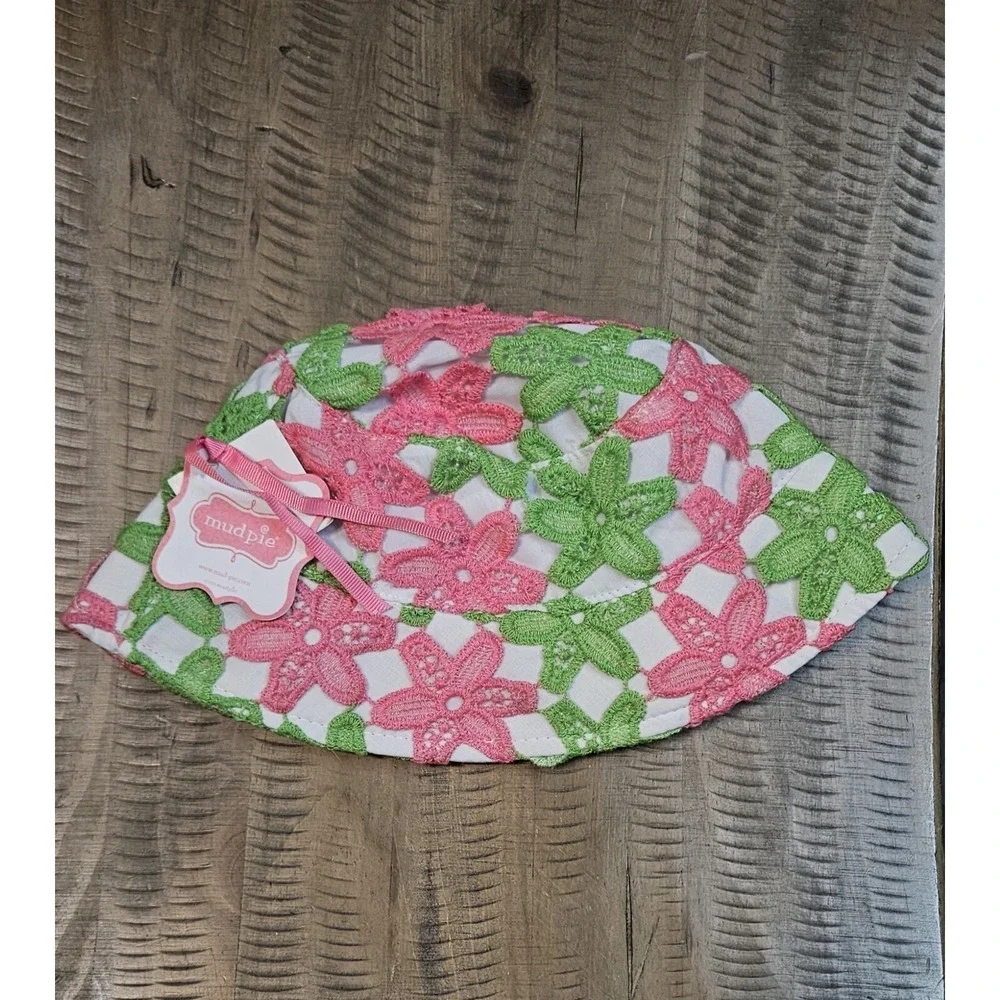 💜🩷Mud PiePink/green Floral‎ Embroidery Baby Girl Infant Hat One Size 💜🩷